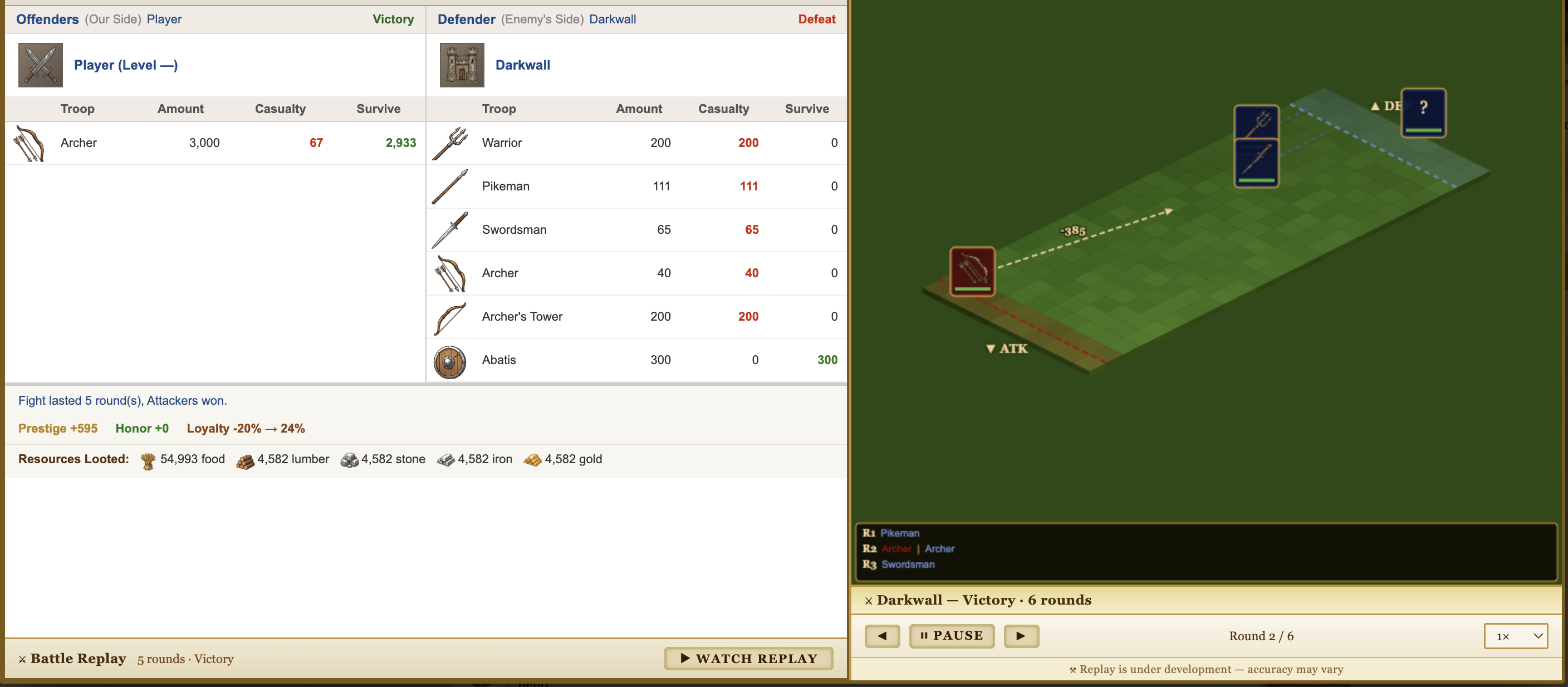 Battle Replay showing round-by-round combat playback alongside the report