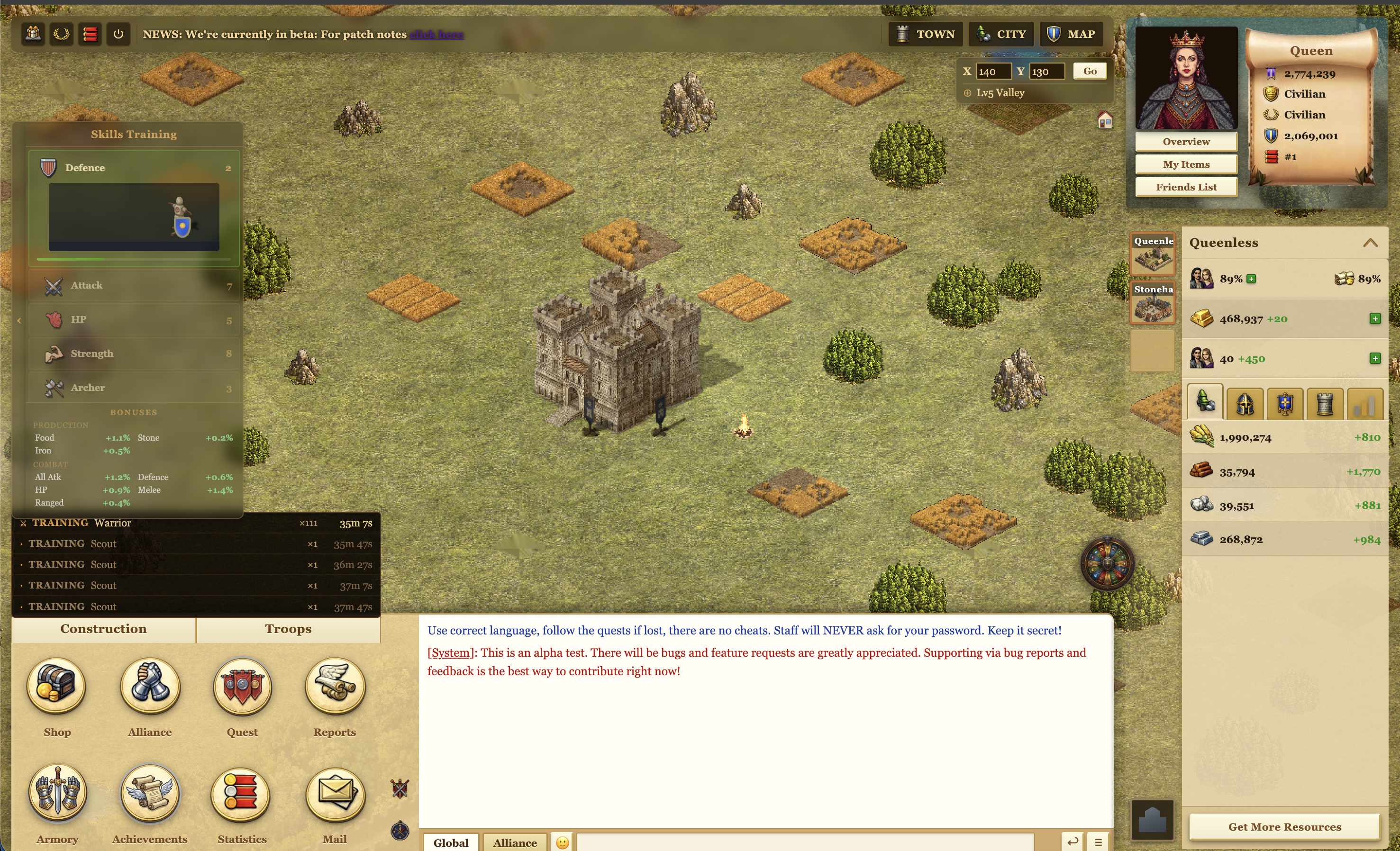 Prinzessin HUD — world map, skills panel, resources, and troops in a single view